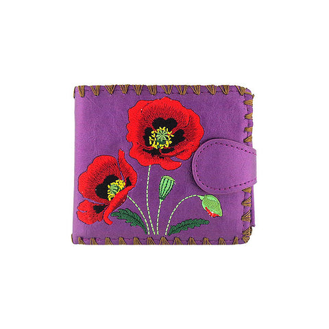 LAVISHY Eco-friendly poppy flower embroidered vegan bifold medium wallet for women. This purple wallet is great for everyday use, lovely gift idea for family & friends especially for people who love Ukraine. Online shopping at LAVISHY BOUTIQUE. Wholesale at www.lavishy.com