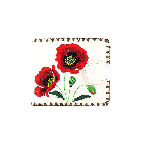LAVISHY Eco-friendly poppy flower embroidered vegan bifold medium wallet for women. This white wallet is great for everyday use, lovely gift idea for family & friends especially for people who love Ukraine. Online shopping at LAVISHY BOUTIQUE. Wholesale at www.lavishy.com