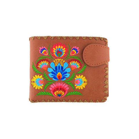 LAVISHY Eco-friendly boho chic Vytynanky style flora pattern embroidered vegan bifold medium wallet for women. This brown wallet is great for everyday use, lovely gift idea for family & friends especially for people who enjoy flower or love Poland & Ukraine. Online shopping at LAVISHY BOUTIQUE. Wholesale at www.lavishy.com