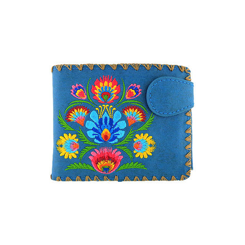 LAVISHY Eco-friendly boho chic Vytynanky style flora pattern embroidered vegan bifold medium wallet for women. This blue wallet is great for everyday use, lovely gift idea for family & friends especially for people who enjoy flower or love Poland & Ukraine. Online shopping at LAVISHY BOUTIQUE. Wholesale at www.lavishy.com