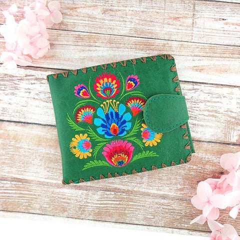LAVISHY Eco-friendly boho chic Vytynanky style flora pattern embroidered vegan bifold medium wallet for women. This green wallet is great for everyday use, lovely gift idea for family & friends especially for people who enjoy flower or love Poland & Ukraine. Online shopping at LAVISHY BOUTIQUE. Wholesale at www.lavishy.com