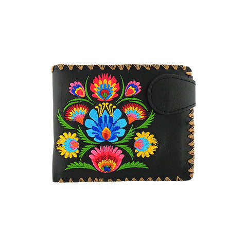 LAVISHY Eco-friendly boho chic Vytynanky style flora pattern embroidered vegan bifold medium wallet for women. This black wallet is great for everyday use, lovely gift idea for family & friends especially for people who enjoy flower or love Poland & Ukraine. Online shopping at LAVISHY BOUTIQUE. Wholesale at www.lavishy.com