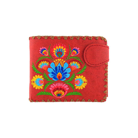 LAVISHY Eco-friendly boho chic Vytynanky style flora pattern embroidered vegan bifold medium wallet for women. This red wallet is great for everyday use, lovely gift idea for family & friends especially for people who enjoy flower or love Poland & Ukraine. Online shopping at LAVISHY BOUTIQUE. Wholesale at www.lavishy.com
