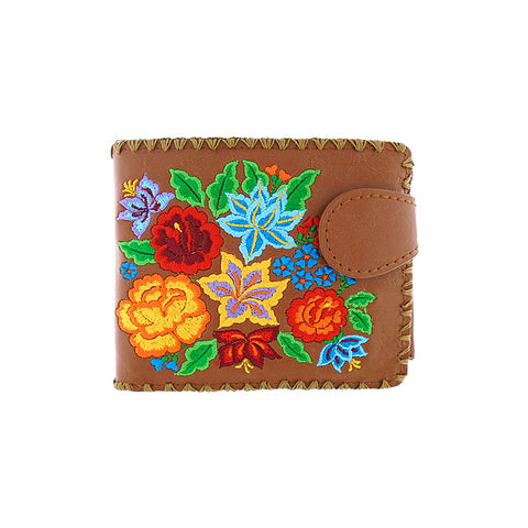 LAVISHY Eco-friendly bohemian style Mexican rose, lily and hibiscus pattern embroidered vegan bifold medium wallet for women. This brown wallet is great for everyday use, lovely gift idea for family & friends especially for people who celebrate Mexico & Mexican culture or just love flowers. Online shopping at LAVISHY BOUTIQUE. Wholesale at www.lavishy.com