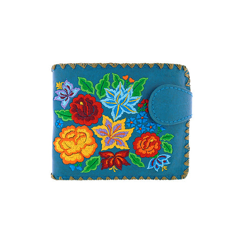 LAVISHY Eco-friendly bohemian style Mexican rose, lily and hibiscus pattern embroidered vegan bifold medium wallet for women. This blue wallet is great for everyday use, lovely gift idea for family & friends especially for people who celebrate Mexico & Mexican culture or just love flowers. Online shopping at LAVISHY BOUTIQUE. Wholesale at www.lavishy.com