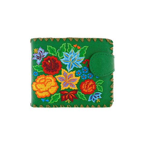 LAVISHY Eco-friendly bohemian style Mexican rose, lily and hibiscus pattern embroidered vegan bifold medium wallet for women. This green wallet is great for everyday use, lovely gift idea for family & friends especially for people who celebrate Mexico & Mexican culture or just love flowers. Online shopping at LAVISHY BOUTIQUE. Wholesale at www.lavishy.com