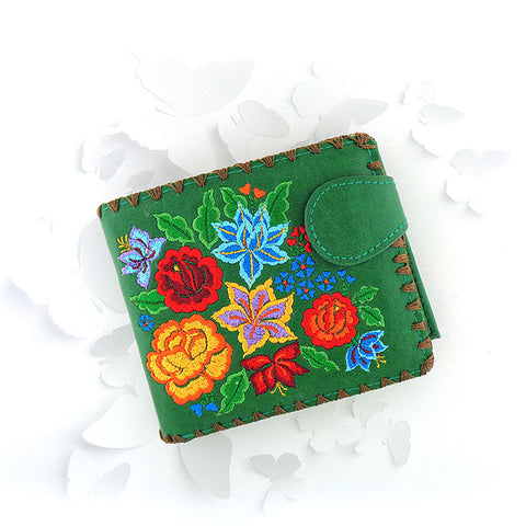 LAVISHY Eco-friendly bohemian style Mexican rose, lily and hibiscus pattern embroidered vegan bifold medium wallet for women. This green wallet is great for everyday use, lovely gift idea for family & friends especially for people who celebrate Mexico & Mexican culture or just love flowers. Online shopping at LAVISHY BOUTIQUE. Wholesale at www.lavishy.com