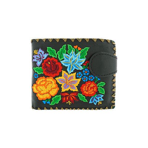 LAVISHY Eco-friendly bohemian style Mexican rose, lily and hibiscus pattern embroidered vegan bifold medium wallet for women. This black wallet is great for everyday use, lovely gift idea for family & friends especially for people who celebrate Mexico & Mexican culture or just love flowers. Online shopping at LAVISHY BOUTIQUE. Wholesale at www.lavishy.com