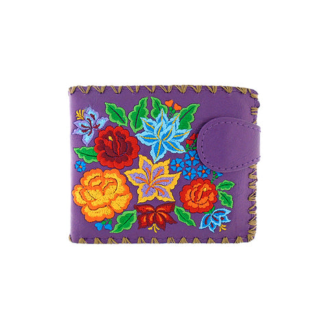 LAVISHY Eco-friendly bohemian style Mexican rose, lily and hibiscus pattern embroidered vegan bifold medium wallet for women. This purple wallet is great for everyday use, lovely gift idea for family & friends especially for people who celebrate Mexico & Mexican culture or just love flowers. Online shopping at LAVISHY BOUTIQUE. Wholesale at www.lavishy.com