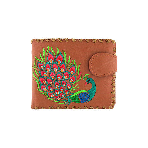 LAVISHY Eco-friendly bohemian style Indian peacock pattern embroidered vegan bifold medium wallet for women. This brown wallet is great for everyday use, lovely gift idea for family & friends especially for people who celebrate India & Indian culture or just love bird. Online shopping at LAVISHY BOUTIQUE. Wholesale at www.lavishy.com