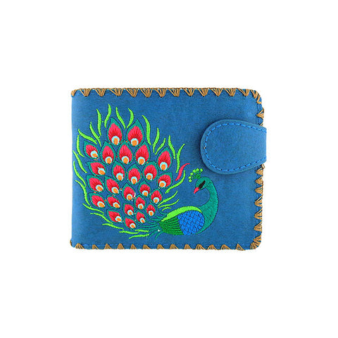 LAVISHY Eco-friendly bohemian style Indian peacock pattern embroidered vegan bifold medium wallet for women. This blue wallet is great for everyday use, lovely gift idea for family & friends especially for people who celebrate India & Indian culture or just love bird. Online shopping at LAVISHY BOUTIQUE. Wholesale at www.lavishy.com