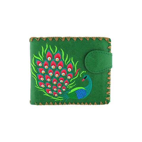 LAVISHY Eco-friendly bohemian style Indian peacock pattern embroidered vegan bifold medium wallet for women. This green wallet is great for everyday use, lovely gift idea for family & friends especially for people who celebrate India & Indian culture or just love bird. Online shopping at LAVISHY BOUTIQUE. Wholesale at www.lavishy.com