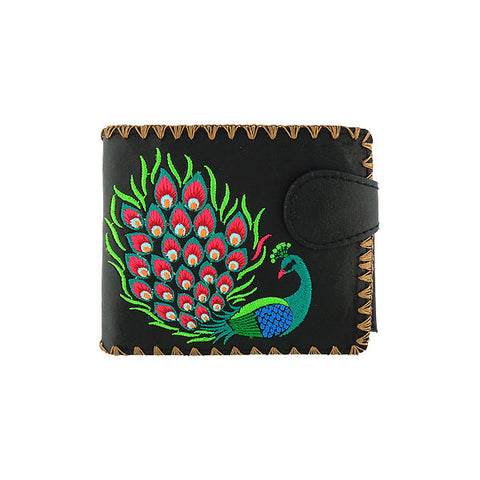 LAVISHY Eco-friendly bohemian style Indian peacock pattern embroidered vegan bifold medium wallet for women. This black wallet is great for everyday use, lovely gift idea for family & friends especially for people who celebrate India & Indian culture or just love bird. Online shopping at LAVISHY BOUTIQUE. Wholesale at www.lavishy.com