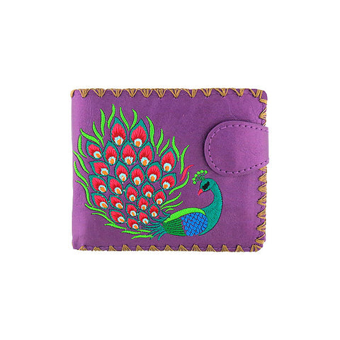 LAVISHY Eco-friendly bohemian style Indian peacock pattern embroidered vegan bifold medium wallet for women. This purple wallet is great for everyday use, lovely gift idea for family & friends especially for people who celebrate India & Indian culture or just love bird. Online shopping at LAVISHY BOUTIQUE. Wholesale at www.lavishy.com