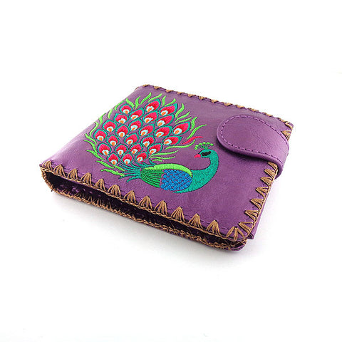 LAVISHY Eco-friendly bohemian style Indian peacock pattern embroidered vegan bifold medium wallet for women. This purple wallet is great for everyday use, lovely gift idea for family & friends especially for people who celebrate India & Indian culture or just love bird. Online shopping at LAVISHY BOUTIQUE. Wholesale at www.lavishy.com