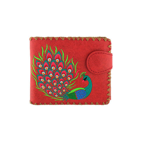 LAVISHY Eco-friendly bohemian style Indian peacock pattern embroidered vegan bifold medium wallet for women. This red wallet is great for everyday use, lovely gift idea for family & friends especially for people who celebrate India & Indian culture or just love bird. Online shopping at LAVISHY BOUTIQUE. Wholesale at www.lavishy.com