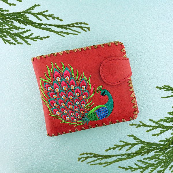 Lavishy Embroidered Cherry Blossom & Butterfly - Medium Vegan Wallet Red / .