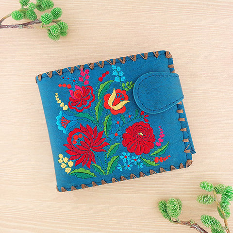 LAVISHY Eco-friendly bohemian style Hungarian flora pattern embroidered vegan bifold medium wallet for women. This blue wallet is great for everyday use, lovely gift idea for family & friends especially for people who celebrate Hungary & Hungarian culture or just love flowers. Online shopping at LAVISHY BOUTIQUE. Wholesale at www.lavishy.com