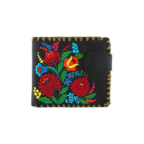 LAVISHY Eco-friendly bohemian style Hungarian flora pattern embroidered vegan bifold medium wallet for women. This black wallet is great for everyday use, lovely gift idea for family & friends especially for people who celebrate Hungary & Hungarian culture or just love flowers. Online shopping at LAVISHY BOUTIQUE. Wholesale at www.lavishy.com