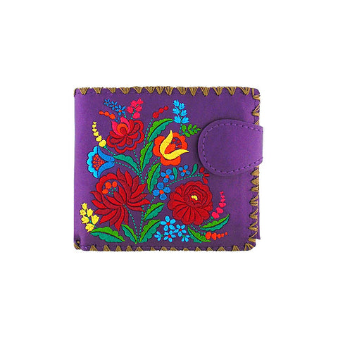 LAVISHY Eco-friendly bohemian style Hungarian flora pattern embroidered vegan bifold medium wallet for women. This purple wallet is great for everyday use, lovely gift idea for family & friends especially for people who celebrate Hungary & Hungarian culture or just love flowers. Online shopping at LAVISHY BOUTIQUE. Wholesale at www.lavishy.com