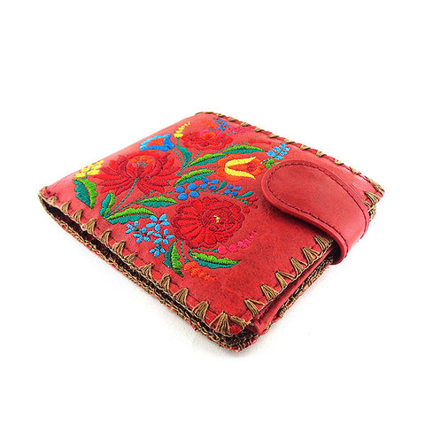 LAVISHY Eco-friendly bohemian style Hungarian flora pattern embroidered vegan bifold medium wallet for women. This red wallet is great for everyday use, lovely gift idea for family & friends especially for people who celebrate Hungary & Hungarian culture or just love flowers. Online shopping at LAVISHY BOUTIQUE. Wholesale at www.lavishy.com
