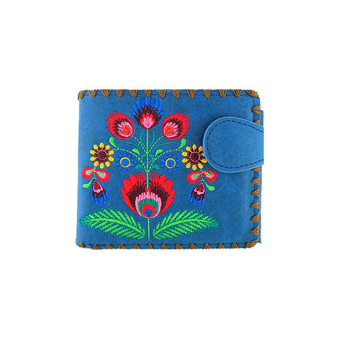 LAVISHY Eco-friendly, ethically made, cruelty free bifold medium vegan wallet with Vytynanky style flower embroidery motif. This blue wallet is nice for everyday, great gift ideas for family & friends. Wholesale at www.lavishy.com for gift shop, clothing & fashion accessories boutique, book store worldwide since 2001.