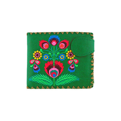 LAVISHY Eco-friendly, ethically made, cruelty free bifold medium vegan wallet with Vytynanky style flower embroidery motif. This green wallet is nice for everyday, great gift ideas for family & friends. Wholesale at www.lavishy.com for gift shop, clothing & fashion accessories boutique, book store worldwide since 2001.