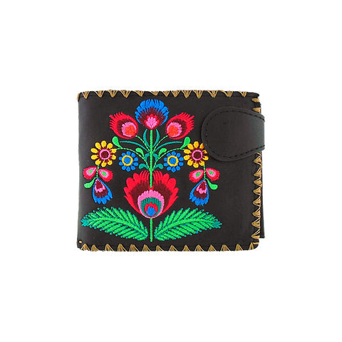 LAVISHY Eco-friendly, ethically made, cruelty free bifold medium vegan wallet with Vytynanky style flower embroidery motif. This black wallet is nice for everyday, great gift ideas for family & friends. Wholesale at www.lavishy.com for gift shop, clothing & fashion accessories boutique, book store worldwide since 2001.