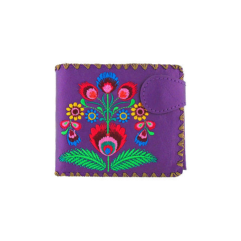 LAVISHY Eco-friendly, ethically made, cruelty free bifold medium vegan wallet with Vytynanky style flower embroidery motif. This purple wallet is nice for everyday, great gift ideas for family & friends. Wholesale at www.lavishy.com for gift shop, clothing & fashion accessories boutique, book store worldwide since 2001.