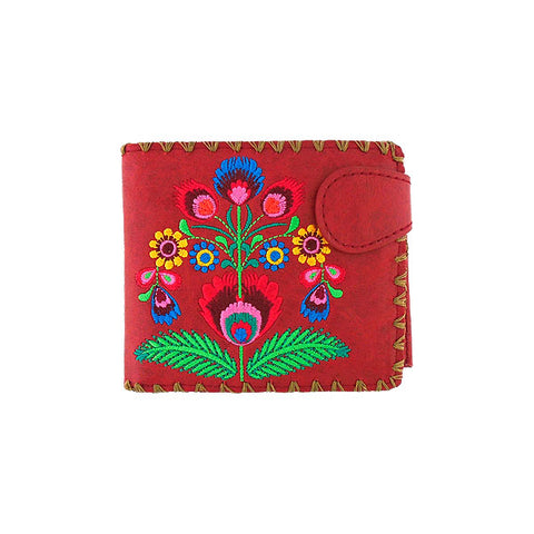 LAVISHY Eco-friendly, ethically made, cruelty free bifold medium vegan wallet with Vytynanky style flower embroidery motif. This red wallet is nice for everyday, great gift ideas for family & friends. Wholesale at www.lavishy.com for gift shop, clothing & fashion accessories boutique, book store worldwide since 2001.