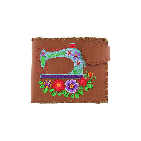 LAVISHY Eco-friendly bohemian style sewing machine & flower pattern embroidered vegan bifold medium wallet for women. This brown wallet is great for everyday use, lovely gift idea for family & friends especially for people who love retro style or into craft. Online shopping at LAVISHY BOUTIQUE. Wholesale at www.lavishy.com