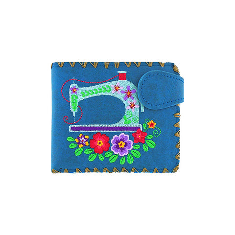 LAVISHY Eco-friendly bohemian style sewing machine & flower pattern embroidered vegan bifold medium wallet for women. This blue wallet is great for everyday use, lovely gift idea for family & friends especially for people who love retro style or into craft. Online shopping at LAVISHY BOUTIQUE. Wholesale at www.lavishy.com
