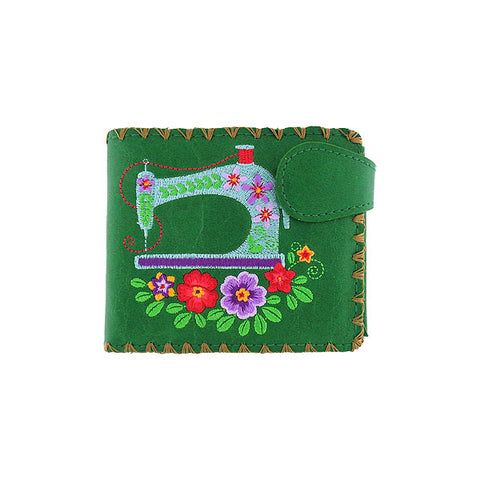 LAVISHY Eco-friendly bohemian style sewing machine & flower pattern embroidered vegan bifold medium wallet for women. This green wallet is great for everyday use, lovely gift idea for family & friends especially for people who love retro style or into craft. Online shopping at LAVISHY BOUTIQUE. Wholesale at www.lavishy.com