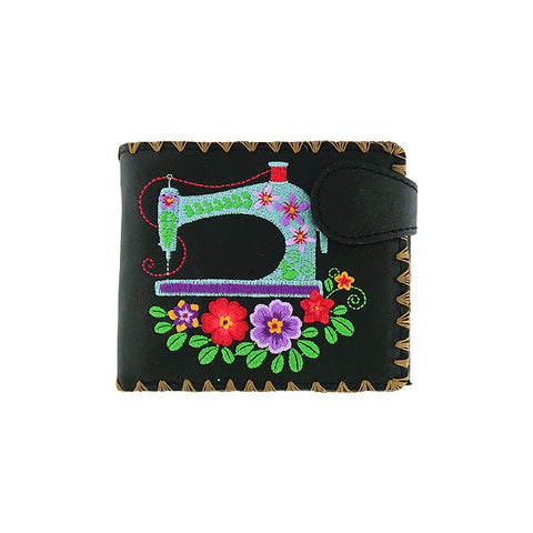 LAVISHY Eco-friendly bohemian style sewing machine & flower pattern embroidered vegan bifold medium wallet for women. This black wallet is great for everyday use, lovely gift idea for family & friends especially for people who love retro style or into craft. Online shopping at LAVISHY BOUTIQUE. Wholesale at www.lavishy.com