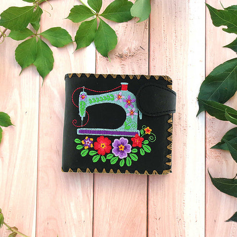LAVISHY Eco-friendly bohemian style sewing machine & flower pattern embroidered vegan bifold medium wallet for women. This black wallet is great for everyday use, lovely gift idea for family & friends especially for people who love retro style or into craft. Online shopping at LAVISHY BOUTIQUE. Wholesale at www.lavishy.com