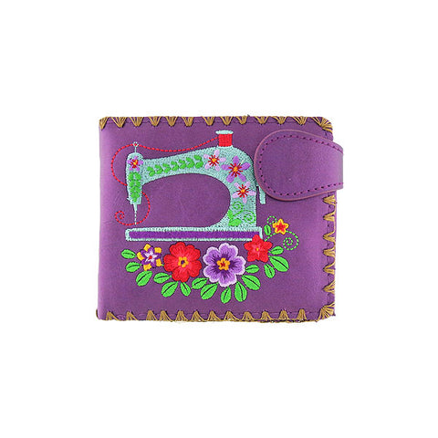 LAVISHY Eco-friendly bohemian style sewing machine & flower pattern embroidered vegan bifold medium wallet for women. This purple wallet is great for everyday use, lovely gift idea for family & friends especially for people who love retro style or into craft. Online shopping at LAVISHY BOUTIQUE. Wholesale at www.lavishy.com