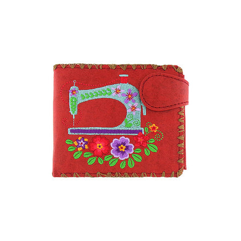 LAVISHY Eco-friendly bohemian style sewing machine & flower pattern embroidered vegan bifold medium wallet for women. This red wallet is great for everyday use, lovely gift idea for family & friends especially for people who love retro style or into craft. Online shopping at LAVISHY BOUTIQUE. Wholesale at www.lavishy.com