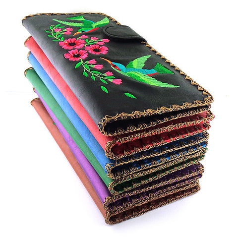 LAVISHY Eco-friendly bohemian style love hummingbird & flower pattern embroidered vegan large flat wallet for women. This red wallet is great for everyday use, lovely gift idea for family & friends especially for people who love birds. Online shopping at LAVISHY BOUTIQUE. Wholesale at www.lavishy.com