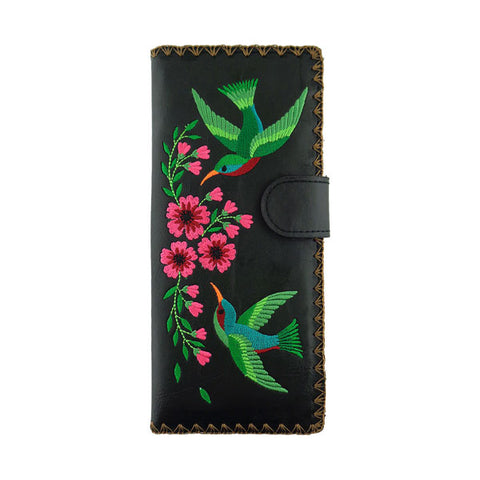 LAVISHY Eco-friendly bohemian style love hummingbird & flower pattern embroidered vegan large flat wallet for women. This black wallet is great for everyday use, lovely gift idea for family & friends especially for people who love birds. Online shopping at LAVISHY BOUTIQUE. Wholesale at www.lavishy.com