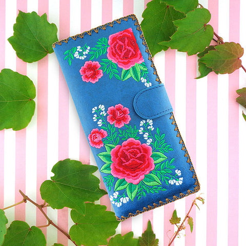 LAVISHY Eco-friendly bohemian style Mexican rose flower pattern embroidered vegan large flat wallet for women. This blue wallet is great for everyday use, lovely gift idea for family & friends especially for people who love Mexico & Mexican culture. Online shopping at LAVISHY BOUTIQUE. Wholesale at www.lavishy.com