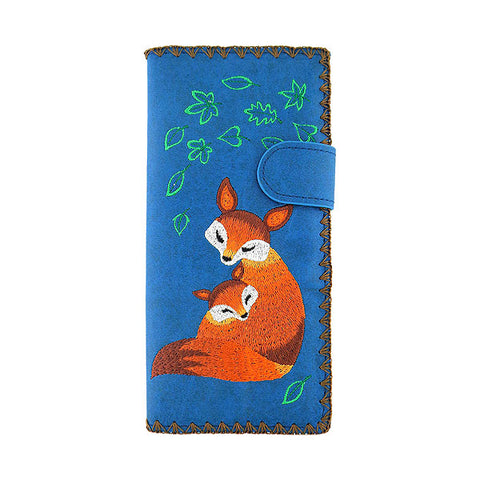 LAVISHY Eco-friendly fox mama & baby fox embracing under green leaf embroidered vegan large flat wallet for women. This blue wallet is great for everyday use, lovely gift idea for family & friends especially for people who love animal. Best mother's day gift. Online shopping at LAVISHY BOUTIQUE. Wholesale at www.lavishy.com