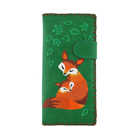 LAVISHY Eco-friendly fox mama & baby fox embracing under green leaf embroidered vegan large flat wallet for women. This green wallet is great for everyday use, lovely gift idea for family & friends especially for people who love animal. Best mother's day gift. Online shopping at LAVISHY BOUTIQUE. Wholesale at www.lavishy.com