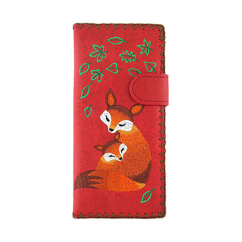LAVISHY Eco-friendly fox mama & baby fox embracing under green leaf embroidered vegan large flat wallet for women. This red wallet is great for everyday use, lovely gift idea for family & friends especially for people who love animal. Best mother's day gift. Online shopping at LAVISHY BOUTIQUE. Wholesale at www.lavishy.com