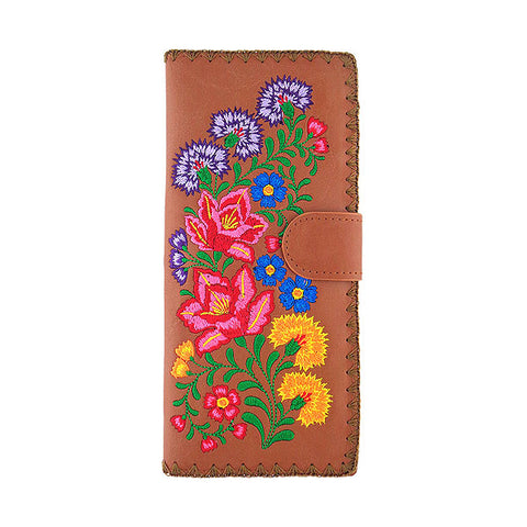 LAVISHY Eco-friendly bohemian style Mexican flora pattern embroidered vegan large flat wallet for women. This brown wallet is great for everyday use, lovely gift idea for family & friends especially for people who celebrate Mexico & Mexican culture or just love flowers. Online shopping at LAVISHY BOUTIQUE. Wholesale at www.lavishy.com