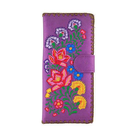 LAVISHY Eco-friendly bohemian style Mexican flora pattern embroidered vegan large flat wallet for women. This purple wallet is great for everyday use, lovely gift idea for family & friends especially for people who celebrate Mexico & Mexican culture or just love flowers. Online shopping at LAVISHY BOUTIQUE. Wholesale at www.lavishy.com