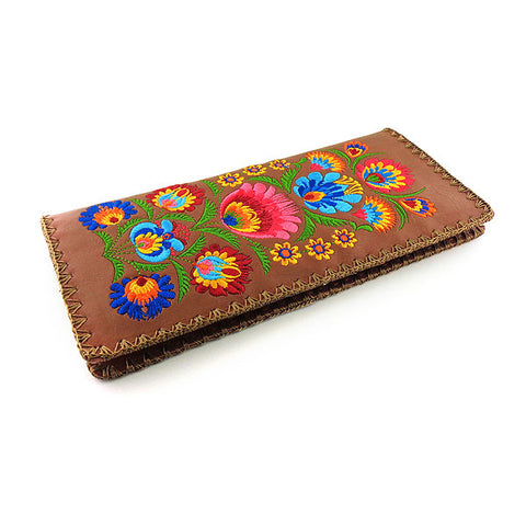 LAVISHY Eco-friendly boho chic Vytynanky style flora pattern embroidered vegan large flat wallet for women. This brown wallet is great for everyday use, lovely gift idea for family & friends especially for people who enjoy flower or love Poland & Ukraine. Online shopping at LAVISHY BOUTIQUE. Wholesale at www.lavishy.com