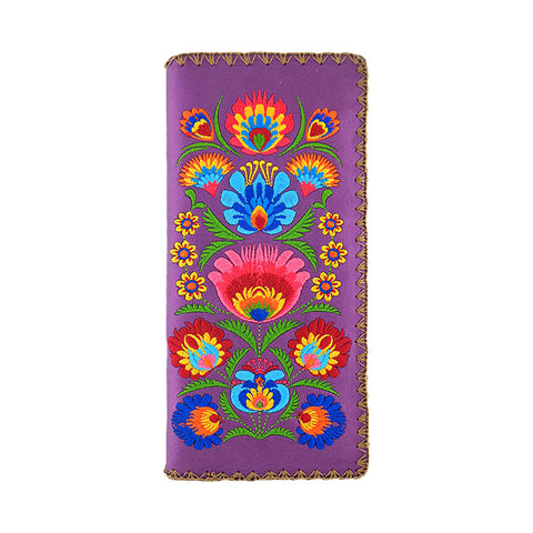 LAVISHY Eco-friendly boho chic Vytynanky style flora pattern embroidered vegan large flat wallet for women. This purple wallet is great for everyday use, lovely gift idea for family & friends especially for people who enjoy flower or love Poland & Ukraine. Online shopping at LAVISHY BOUTIQUE. Wholesale at www.lavishy.com