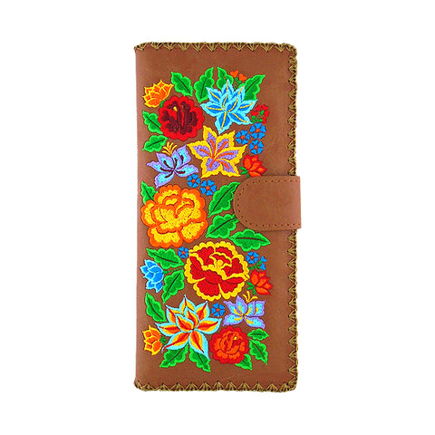 LAVISHY Eco-friendly bohemian style Mexican rose, lily and hibiscus pattern embroidered vegan large flat wallet for women. This brown wallet is great for everyday use, lovely gift idea for family & friends especially for people who celebrate Mexico & Mexican culture or just love flowers. Online shopping at LAVISHY BOUTIQUE. Wholesale at www.lavishy.com