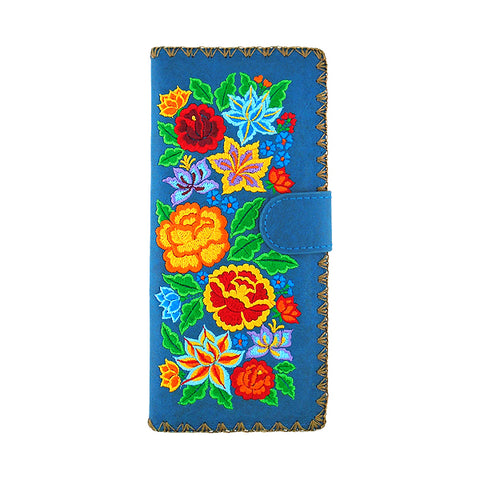LAVISHY Eco-friendly bohemian style Mexican rose, lily and hibiscus pattern embroidered vegan large flat wallet for women. This blue wallet is great for everyday use, lovely gift idea for family & friends especially for people who celebrate Mexico & Mexican culture or just love flowers. Online shopping at LAVISHY BOUTIQUE. Wholesale at www.lavishy.com