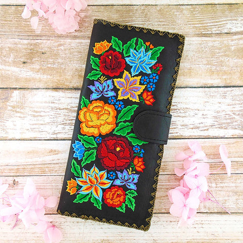 LAVISHY Eco-friendly bohemian style Mexican rose, lily and hibiscus pattern embroidered vegan large flat wallet for women. This back wallet is great for everyday use, lovely gift idea for family & friends especially for people who celebrate Mexico & Mexican culture or just love flowers. Online shopping at LAVISHY BOUTIQUE. Wholesale at www.lavishy.com